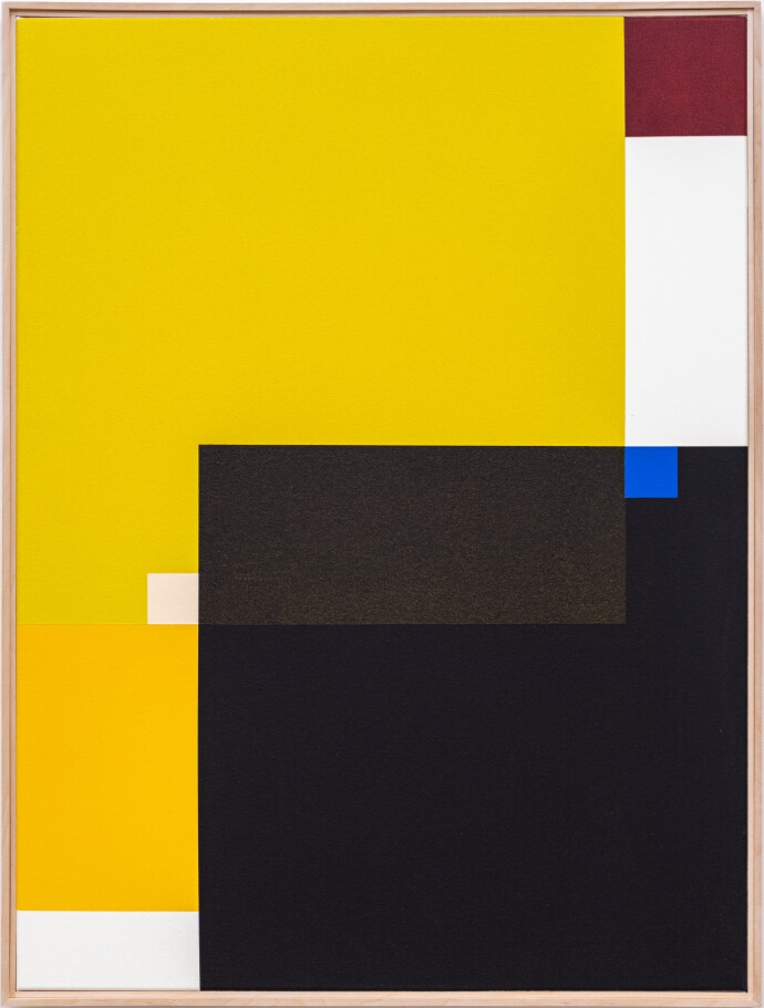 This contemporary abstract painting by Milly Ristvedt is expressed in a bold palette that includes black and yellow.