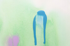 This colourful abstract painting on paper by Milly Ritsvedt has a green backdrop. Image 9