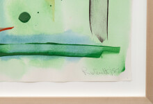 This colourful abstract painting on paper by Milly Ritsvedt has a green backdrop. Image 6
