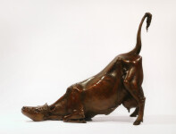 This figurative, life-like, female cow, bronze, interior sculpture is by Canadian artist Nicholas Crombach. Image 2