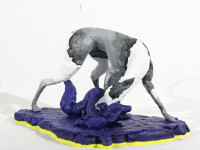 A cast resin figurine of a hound who has hunted a fox, which in turn has hunted a goose is patinated in indigo, black and white by emerging … Image 2