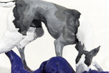 A cast resin figurine of a hound who has hunted a fox, which in turn has hunted a goose is patinated in indigo, black and white by emerging … Image 4