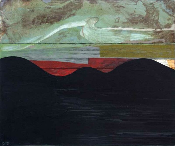 A rich black ground undulates at the horizon where it meets geometric passages of crimson, ochre, grey, white, and peach below a moss green …