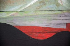 A rich black ground undulates at the horizon where it meets geometric passages of crimson, ochre, grey, white, and peach below a moss green … Image 2