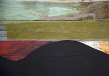 A rich black ground undulates at the horizon where it meets geometric passages of crimson, ochre, grey, white, and peach below a moss green … Image 5