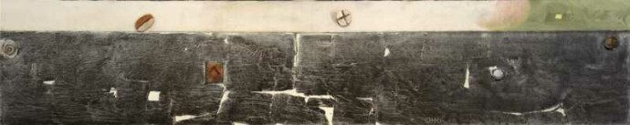 The textured surface of water, still and dark, meets a strip of cream coloured sky in this long horizontal canvas.