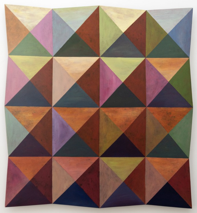 A kaleidoscope of vivid colours form triangular patterns in this engaging contemporary work by Parvis Djamtorki.