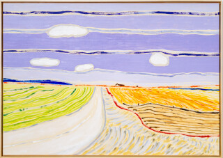Pat Service has captured the big sky and wide-open spaces of the prairie in this charming colourful landscape.