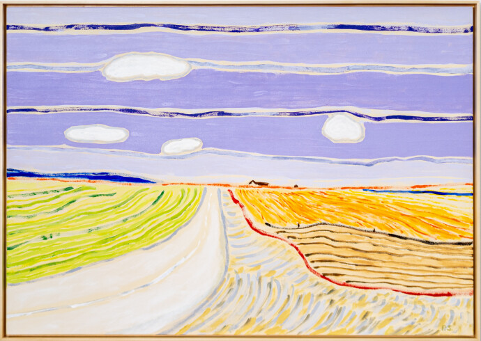 Pat Service has captured the big sky and wide-open spaces of the prairie in this charming colourful landscape.