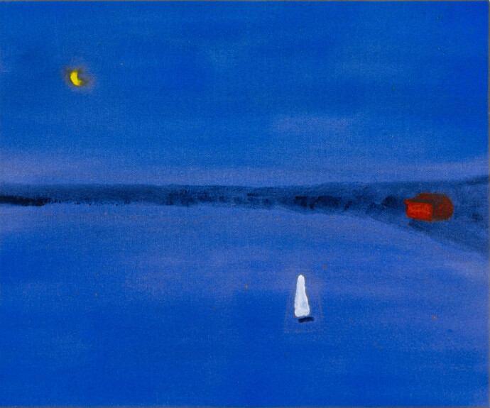 This contemporary abstract landscape of a sailboat at night is by Pat Service.
