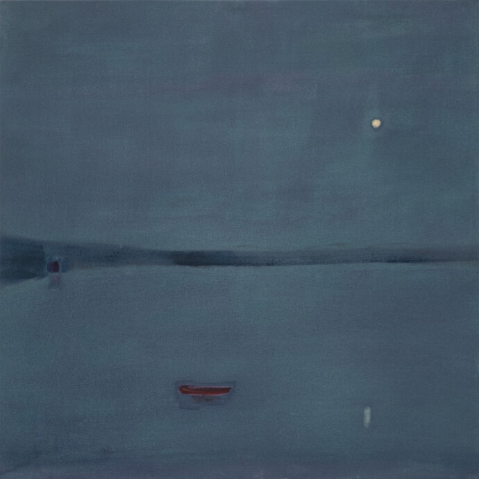 This minimalist abstract landscape painting of a lake at night is by Pat Service.