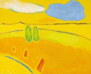 This joyful landscape rendered in fresh contemporary colours and minimalist form is by Pat Service.