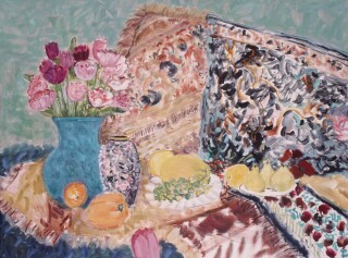 This delightful, colourful painting of a floral still life illustrates Pat Service’s superb use of colour, pattern, texture and form.