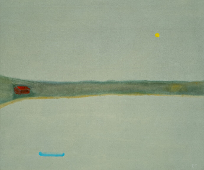 This minimalist abstract landscape painting of a lake at dusk is by Pat Service.
