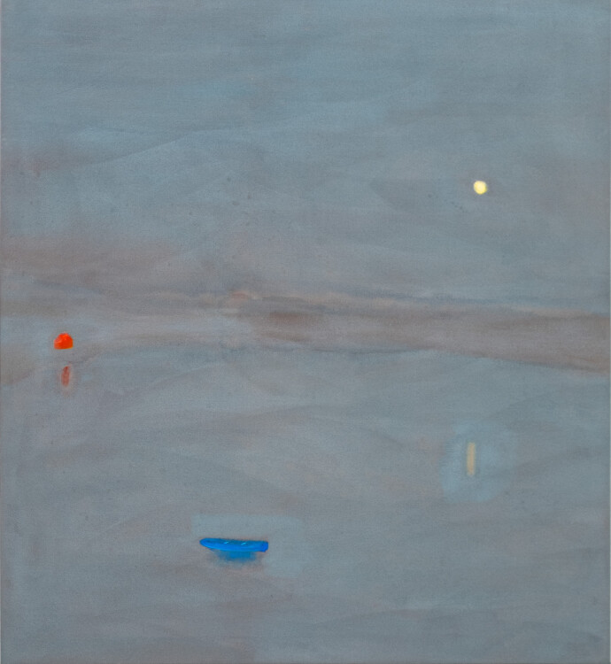 This minimalist abstract landscape painting of a lake at night is by Pat Service.