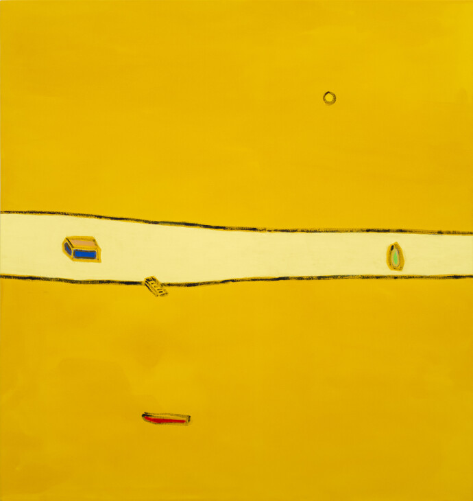 This contemporary abstract landscape of a lake is by Pat Service.
