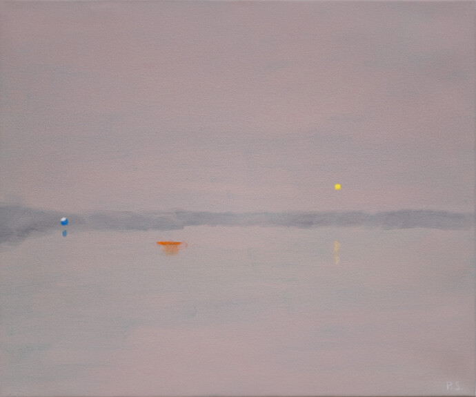 This minimalist oil abstract landscape painting of a lake at dusk is by Pat Service.