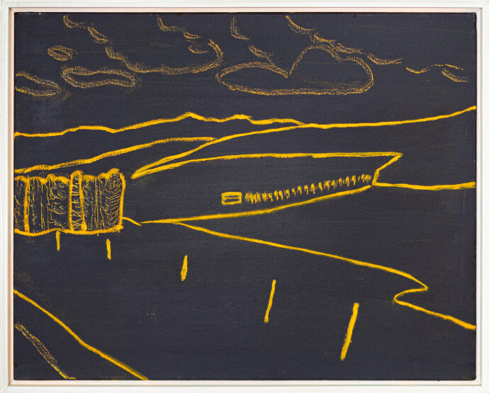 This minimalist oil abstract painting features a country landscape.