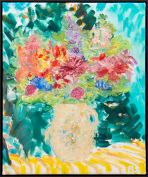 Vivid colours make a bold statement in this charming floral still life by Pat Service.