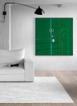 An urban landscape is recalled and rendered in bold lines and rich colours-- forest green, turquoise, red and white in this minimalist piece… Image 5