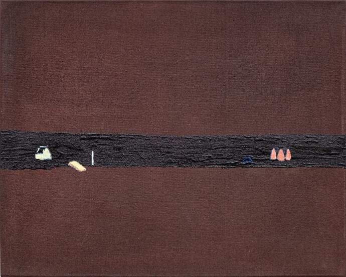 This minimalist abstract landscape painting of a lake at night is by Pat Service.