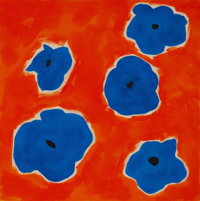 Five Flowers Blue on Red