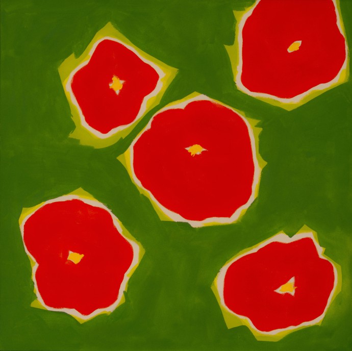 Five Flowers Red on Green