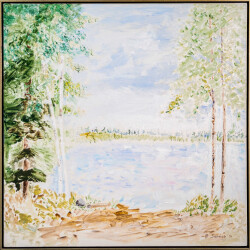This acrylic landscape by Pat Service captures a lakeside view in summer.