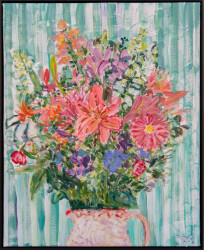 A pretty, mixed floral bouquet fills the canvas with joyful colour in this still-life painting by Pat Service.