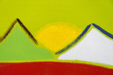 Bold, bright colours and clean lines capture the essence of a setting sun as it slips behind a mountain range. Image 4