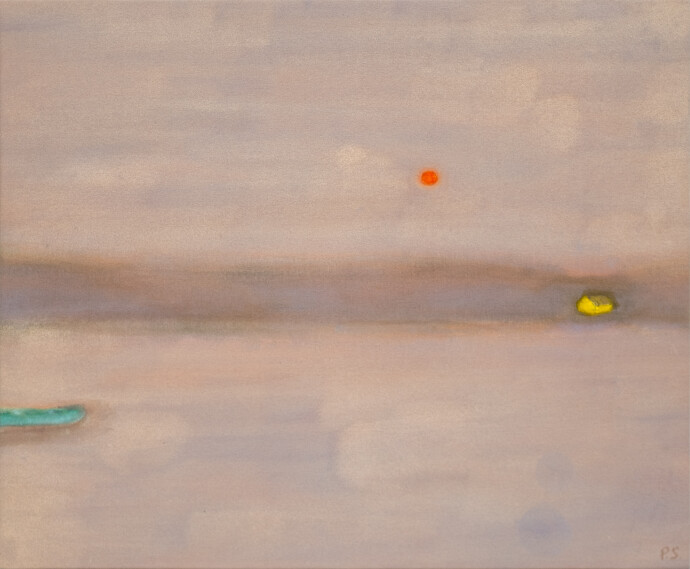 This minimalist abstract landscape painting of a lake at dusk is by Pat Service.