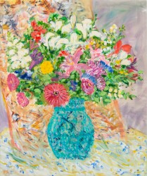 Two bouquets become one to create a lavish brightly coloured arrangement in this floral still life by Pat Service.