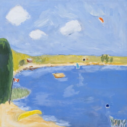 The colours of summer by the lake are celebrated in this pastoral painting by Pat Service.