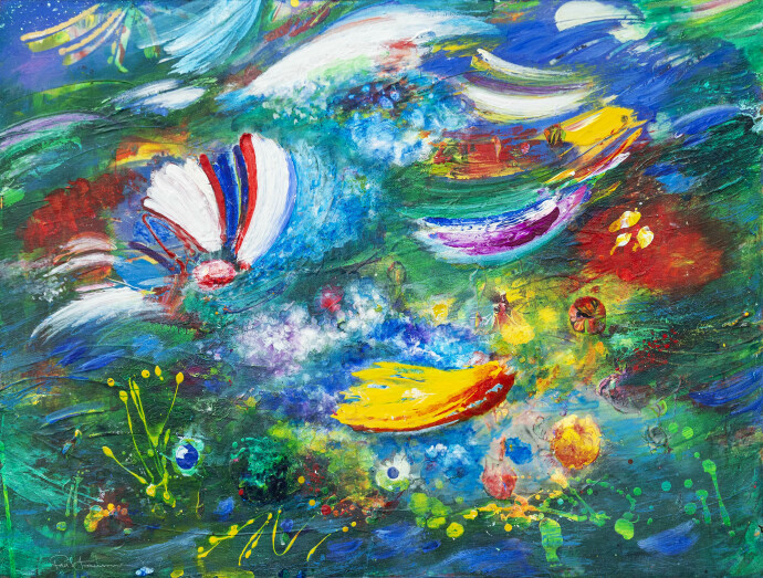 This colourful expressionist acrylic painting by Paul Fournier has a bird theme.