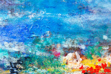 Beneath a deep blue, cloudy sky, the bright colours of what appears to be a tropical landscape –red, yellow, purples and green pop from the … Image 7