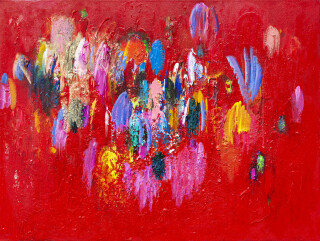 This contemporary abstract colourful painting by Paul Fournier has a red background.