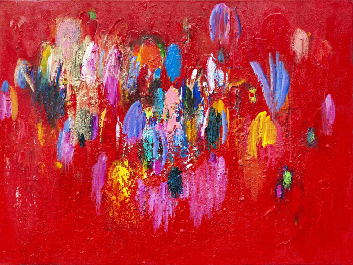 This contemporary abstract colourful painting by Paul Fournier has a red background.