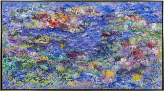 This colourful abstract acrylic painting by Paul Fournier Is reminiscent of tropical seas.