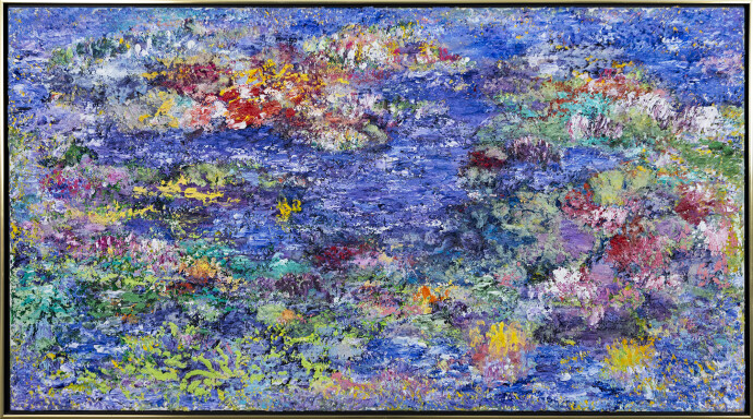 This colourful abstract acrylic painting by Paul Fournier Is reminiscent of tropical seas.