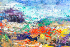 Beneath a deep blue, cloudy sky, the bright colours of what appears to be a tropical landscape –red, yellow, purples and green pop from the … Image 9