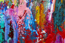 This contemporary abstract colourful painting by Paul Fournier has a red background. Image 4