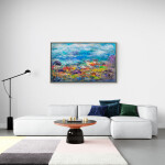 Beneath a deep blue, cloudy sky, the bright colours of what appears to be a tropical landscape –red, yellow, purples and green pop from the … Image 11