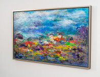 Beneath a deep blue, cloudy sky, the bright colours of what appears to be a tropical landscape –red, yellow, purples and green pop from the … Image 2