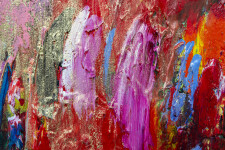 This contemporary abstract colourful painting by Paul Fournier has a red background. Image 3