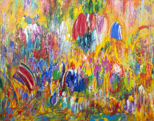 This abstract acrylic painting by Paul Fournier is in tropical colours.