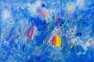 This contemporary abstract painting by Paul Fournier captures the turquoise-colored waters of the Caribbean.