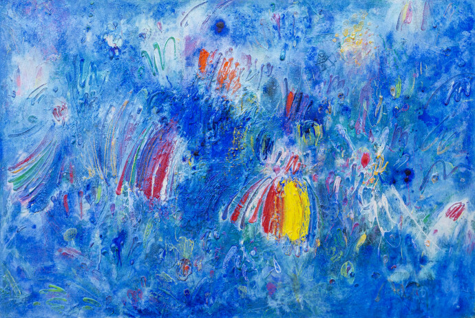 This contemporary abstract painting by Paul Fournier captures the turquoise-colored waters of the Caribbean.