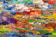 Beneath a deep blue, cloudy sky, the bright colours of what appears to be a tropical landscape –red, yellow, purples and green pop from the … Image 8