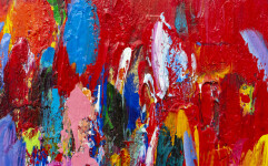 This contemporary abstract colourful painting by Paul Fournier has a red background. Image 2