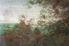 From tangled foreground foliage of rust and green emerges a lone tree against a horizon lit by yellow in this acrylic painting on board by P… Image 3